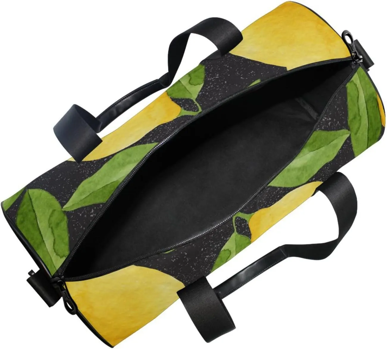 Bright Yellow Watercolor Lemons and Green Leaves Seamless on Black Portable Gym Bag, Travel Bag, Luggage bag, Sports Bag, Toiletry Bag with Handles, Detachable Shoulder Strap 17.6 x 9 x 9 inch