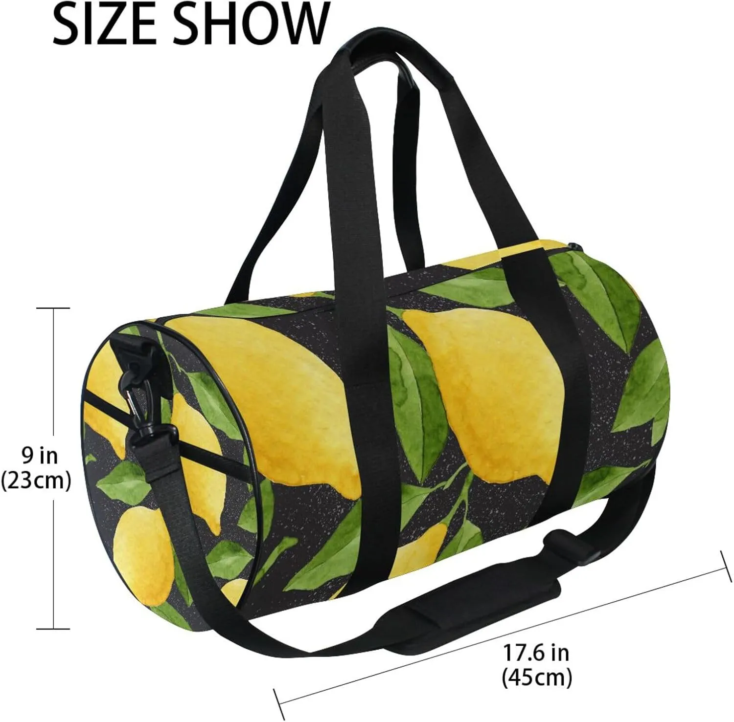 Bright Yellow Watercolor Lemons and Green Leaves Seamless on Black Portable Gym Bag, Travel Bag, Luggage bag, Sports Bag, Toiletry Bag with Handles, Detachable Shoulder Strap 17.6 x 9 x 9 inch