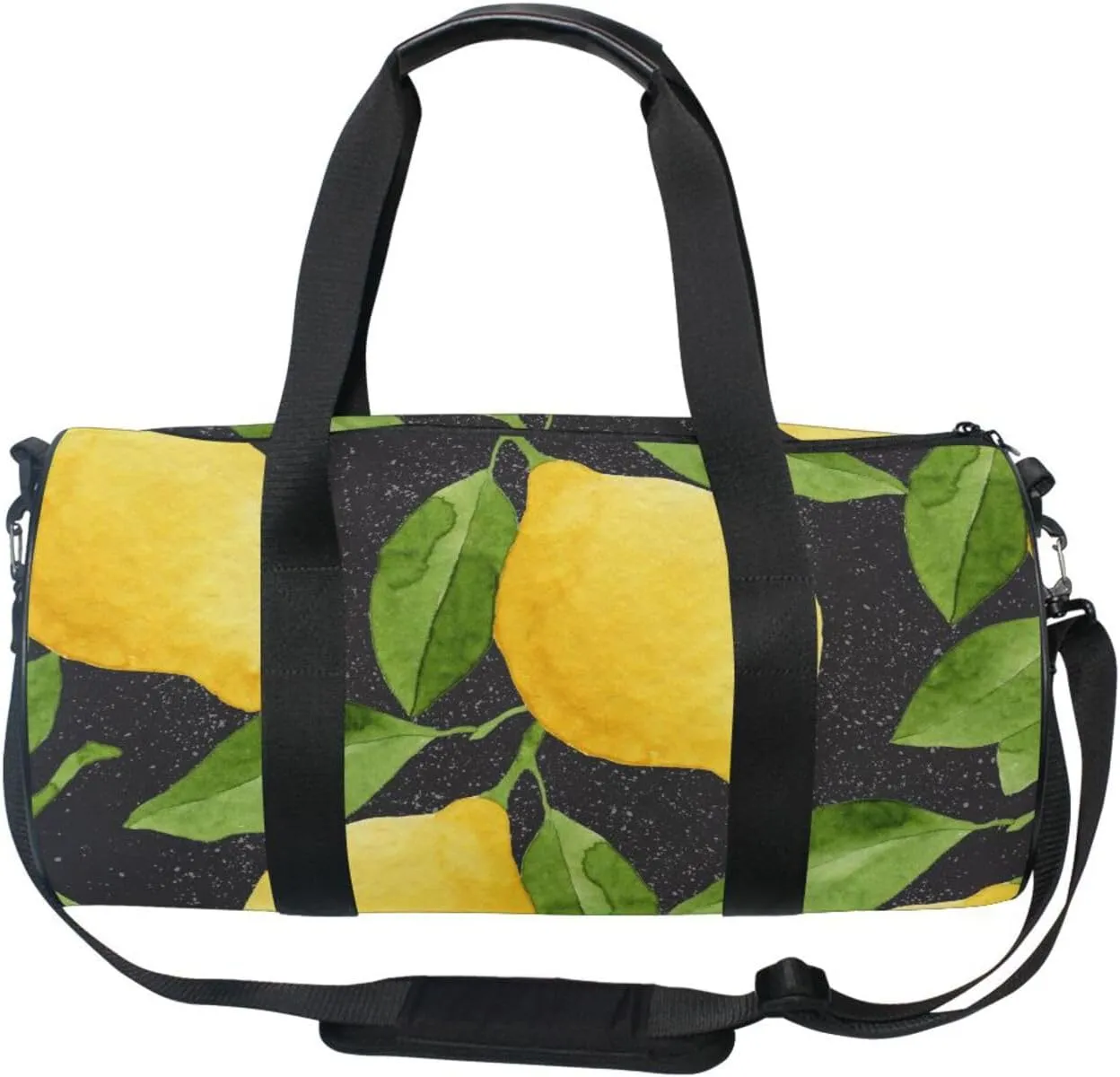 Bright Yellow Watercolor Lemons and Green Leaves Seamless on Black Portable Gym Bag, Travel Bag, Luggage bag, Sports Bag, Toiletry Bag with Handles, Detachable Shoulder Strap 17.6 x 9 x 9 inch