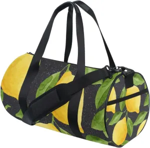 Bright Yellow Watercolor Lemons and Green Leaves Seamless on Black Portable Gym Bag, Travel Bag, Luggage bag, Sports Bag, Toiletry Bag with Handles, Detachable Shoulder Strap 17.6 x 9 x 9 inch