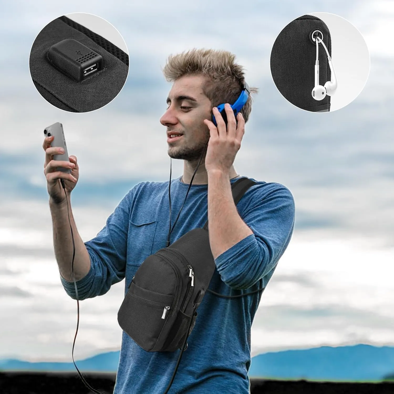 BROADREAM Sling Crossbody Backpack with Detachable Phone Bag for Men Women Multipurpose Travel Hiking Daypack Chest Bag with USB Charging Port