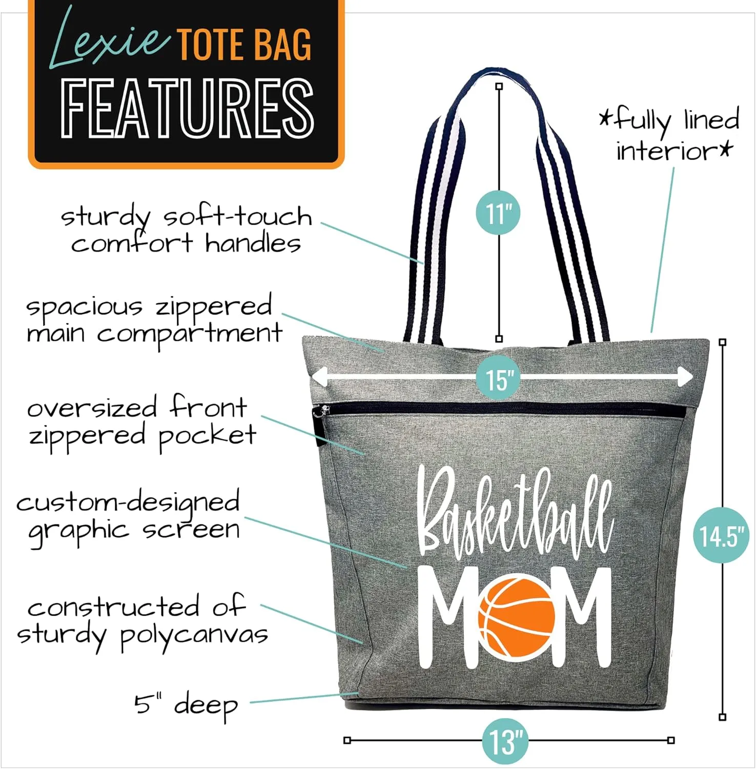 Brooke & Jess Designs Sports Mom Large Zippered Tote Bag with Pockets for Women