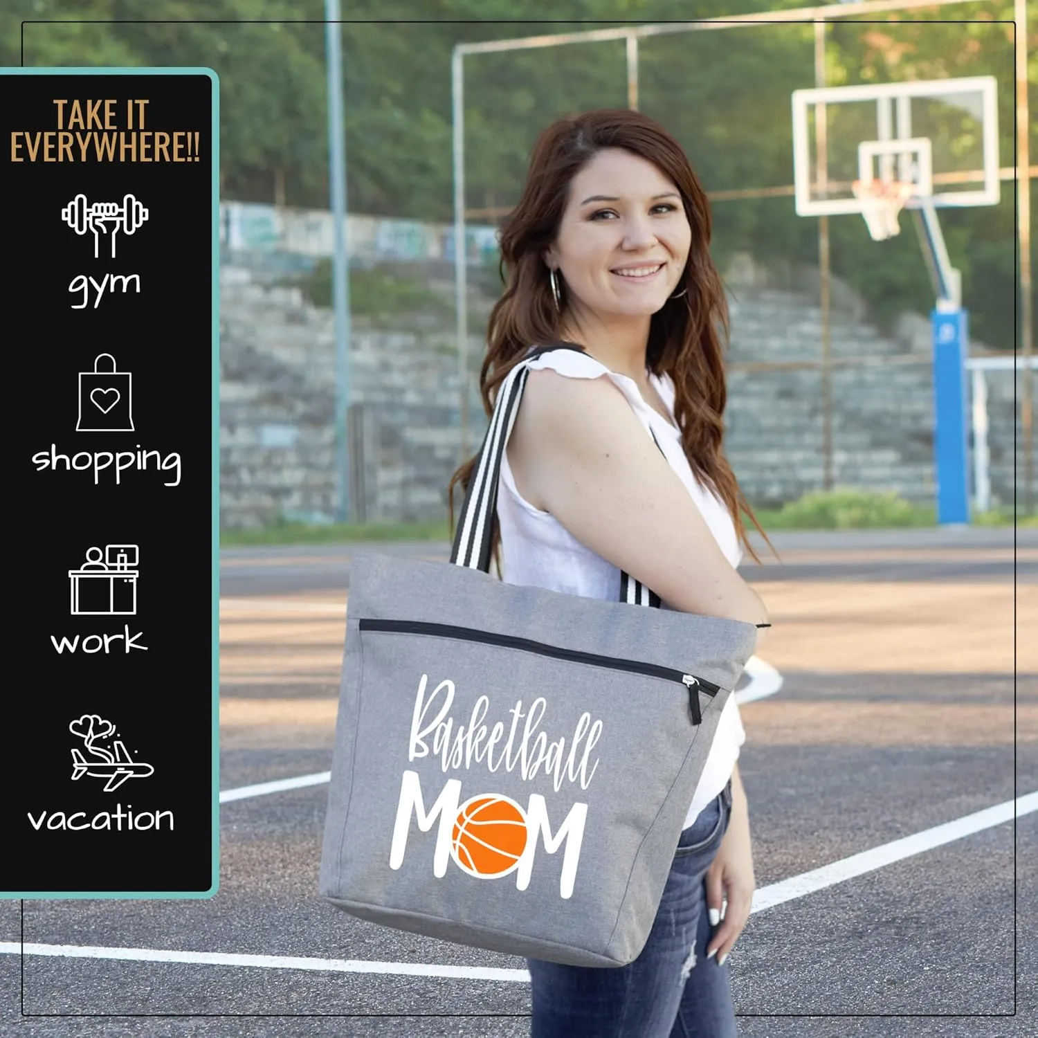 Brooke & Jess Designs Sports Mom Large Zippered Tote Bag with Pockets for Women