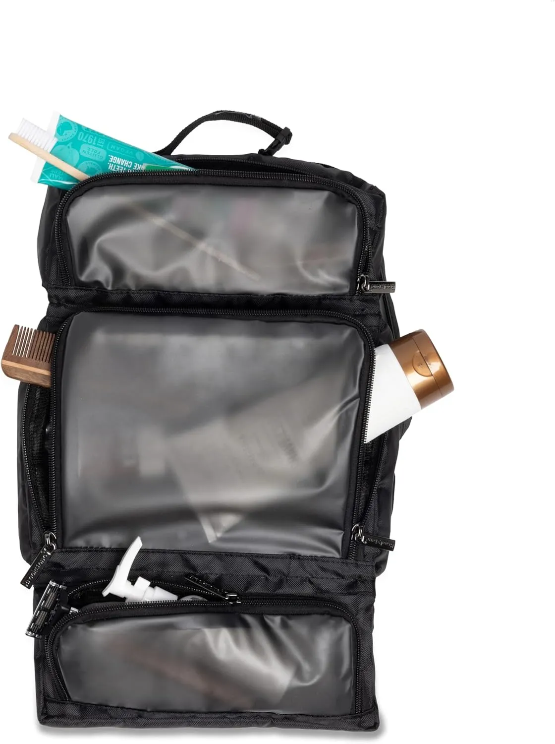 Brookstone Travel Toiletries Bag with Hanging Hook - Large Multi Functional Carrying Toiletry Pouch for Vacations, Airplanes, Trains, Buses, and Cars, Black Cube