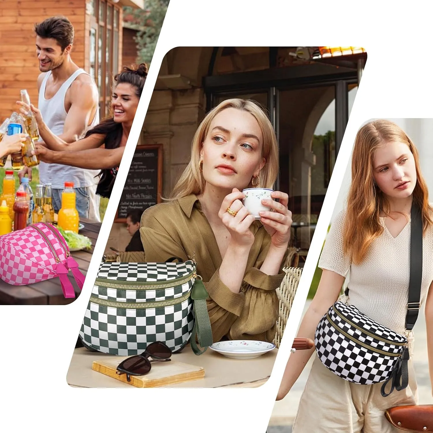 Bum Bags for Women Crossbody, Black And White Nylon Checkered Crossbody Bum Bag, Spacious Checkered Purse (Khaki)