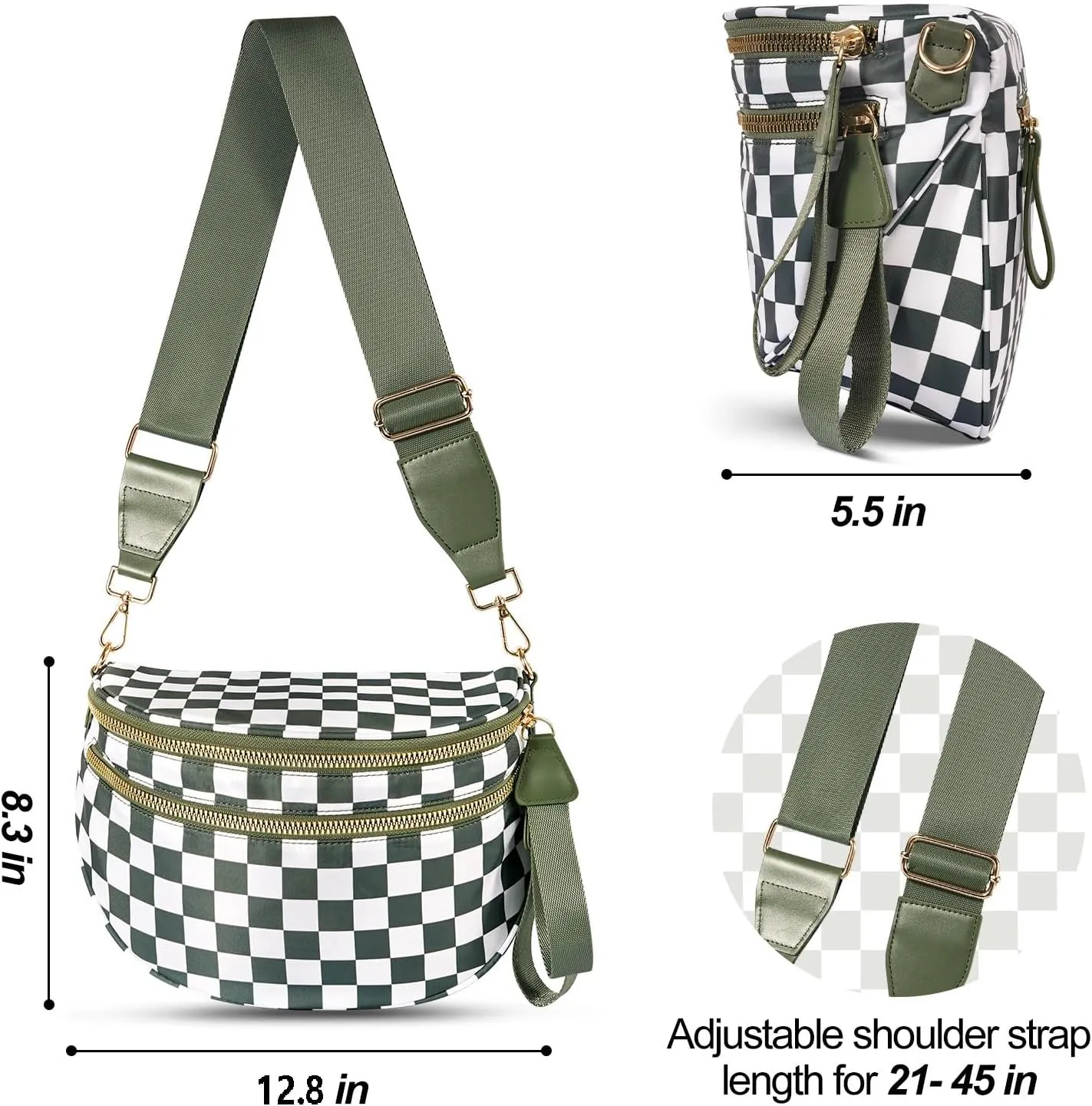 Bum Bags for Women Crossbody, Black And White Nylon Checkered Crossbody Bum Bag, Spacious Checkered Purse (Khaki)