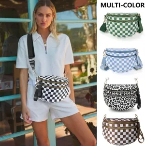 Bum Bags for Women Crossbody, Black And White Nylon Checkered Crossbody Bum Bag, Spacious Checkered Purse (Khaki)