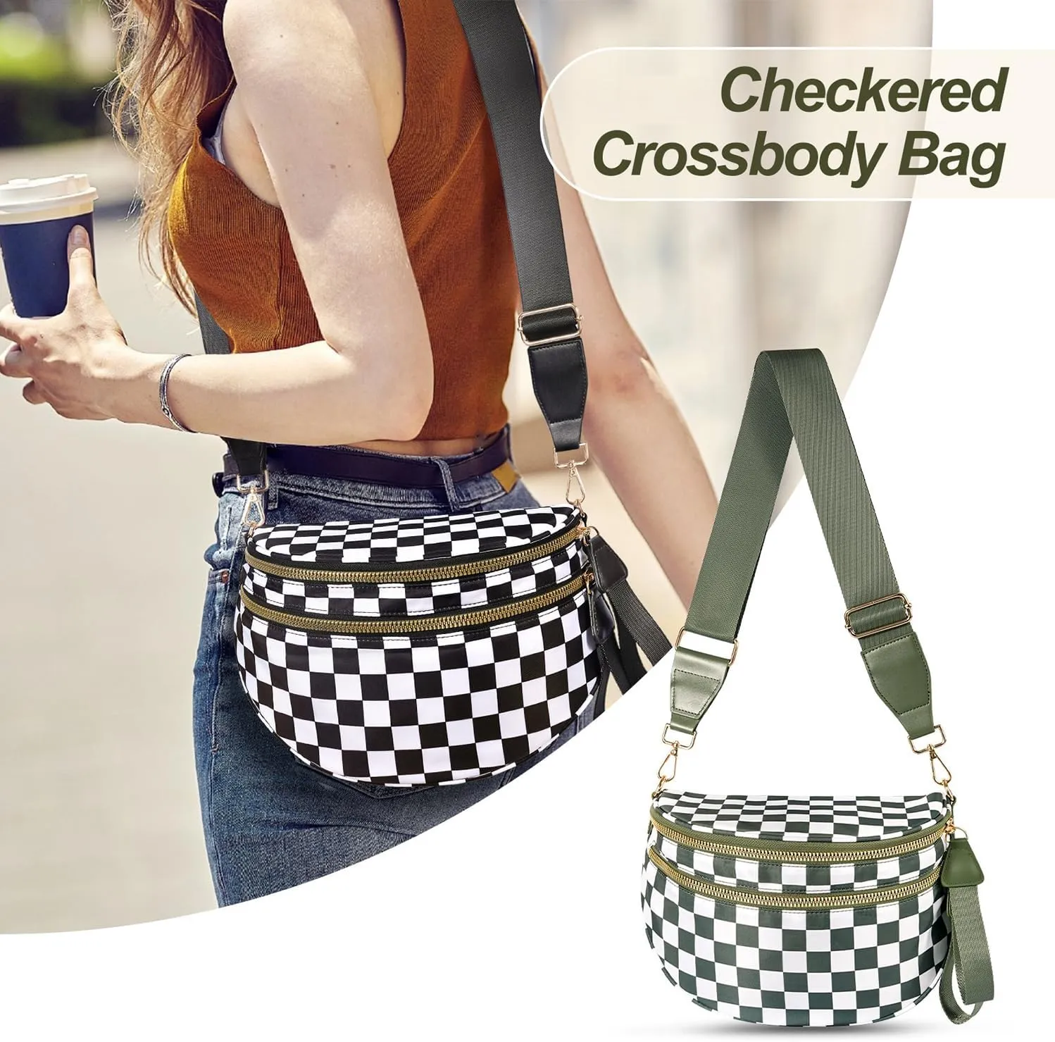 Bum Bags for Women Crossbody, Black And White Nylon Checkered Crossbody Bum Bag, Spacious Checkered Purse (Khaki)