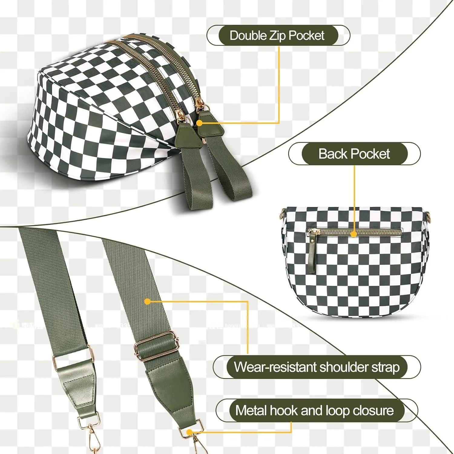 Bum Bags for Women Crossbody, Black And White Nylon Checkered Crossbody Bum Bag, Spacious Checkered Purse (Khaki)