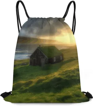 Bundle Pocket, Hut Grass Sun Rays Print Versatile Sports Bag Travel Drawstring Bag Gym Backpack Lightweight Travel Bag