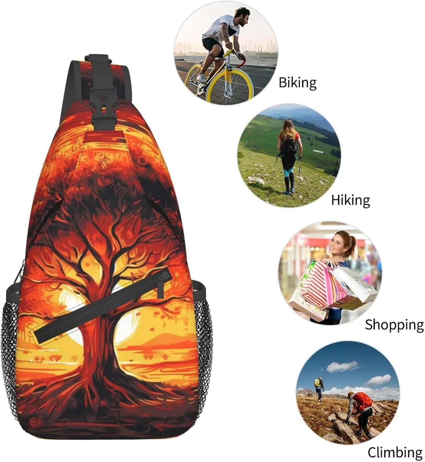 Burning Tree Of Life Sling Bag Backpack For Men Cross Chest Bag Crossbody Shoulder Bag Travel Hiking Daypack