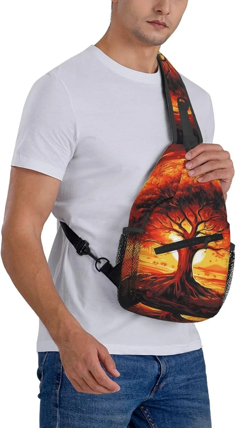 Burning Tree Of Life Sling Bag Backpack For Men Cross Chest Bag Crossbody Shoulder Bag Travel Hiking Daypack