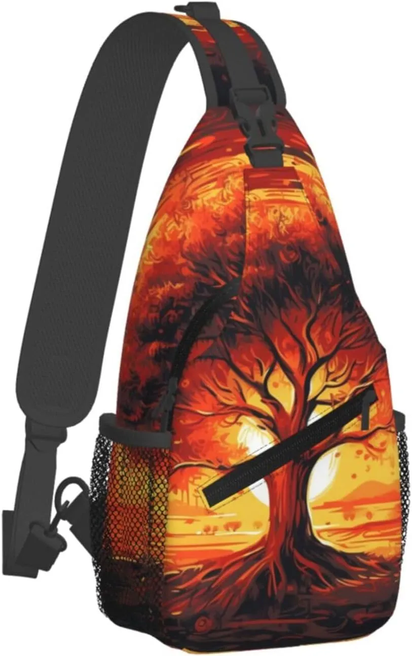 Burning Tree Of Life Sling Bag Backpack For Men Cross Chest Bag Crossbody Shoulder Bag Travel Hiking Daypack