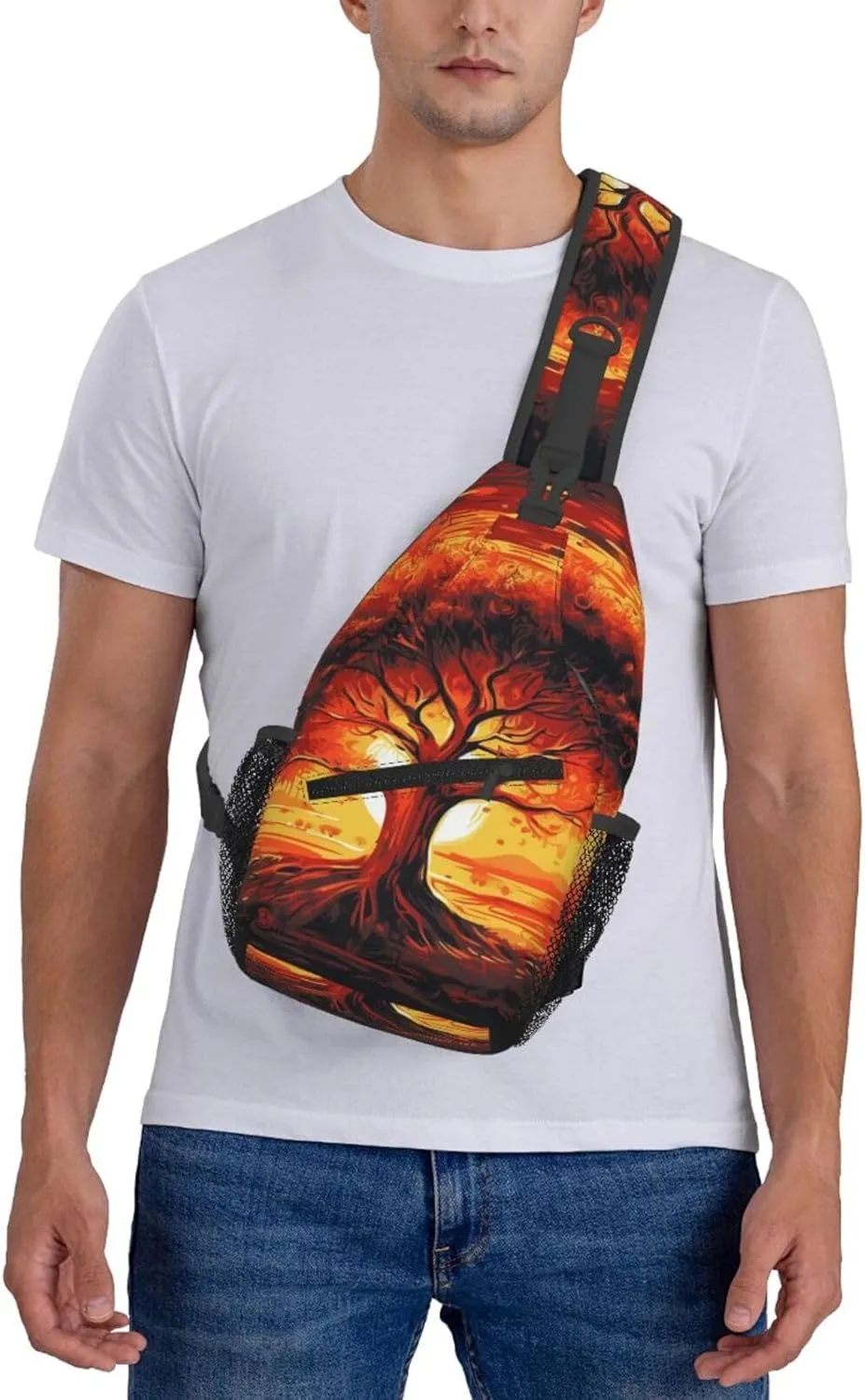 Burning Tree Of Life Sling Bag Backpack For Men Cross Chest Bag Crossbody Shoulder Bag Travel Hiking Daypack