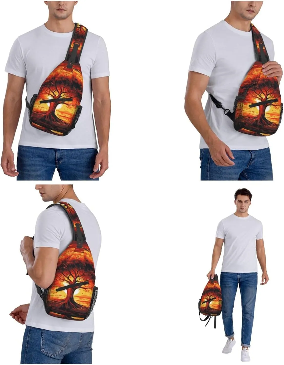 Burning Tree Of Life Sling Bag Backpack For Men Cross Chest Bag Crossbody Shoulder Bag Travel Hiking Daypack