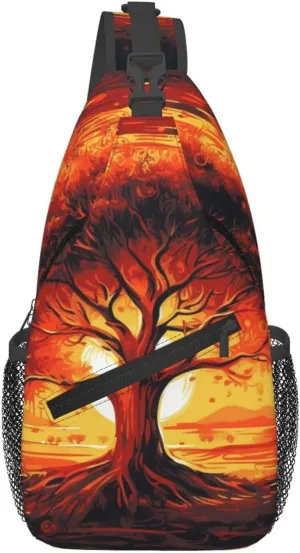 Burning Tree Of Life Sling Bag Backpack For Men Cross Chest Bag Crossbody Shoulder Bag Travel Hiking Daypack