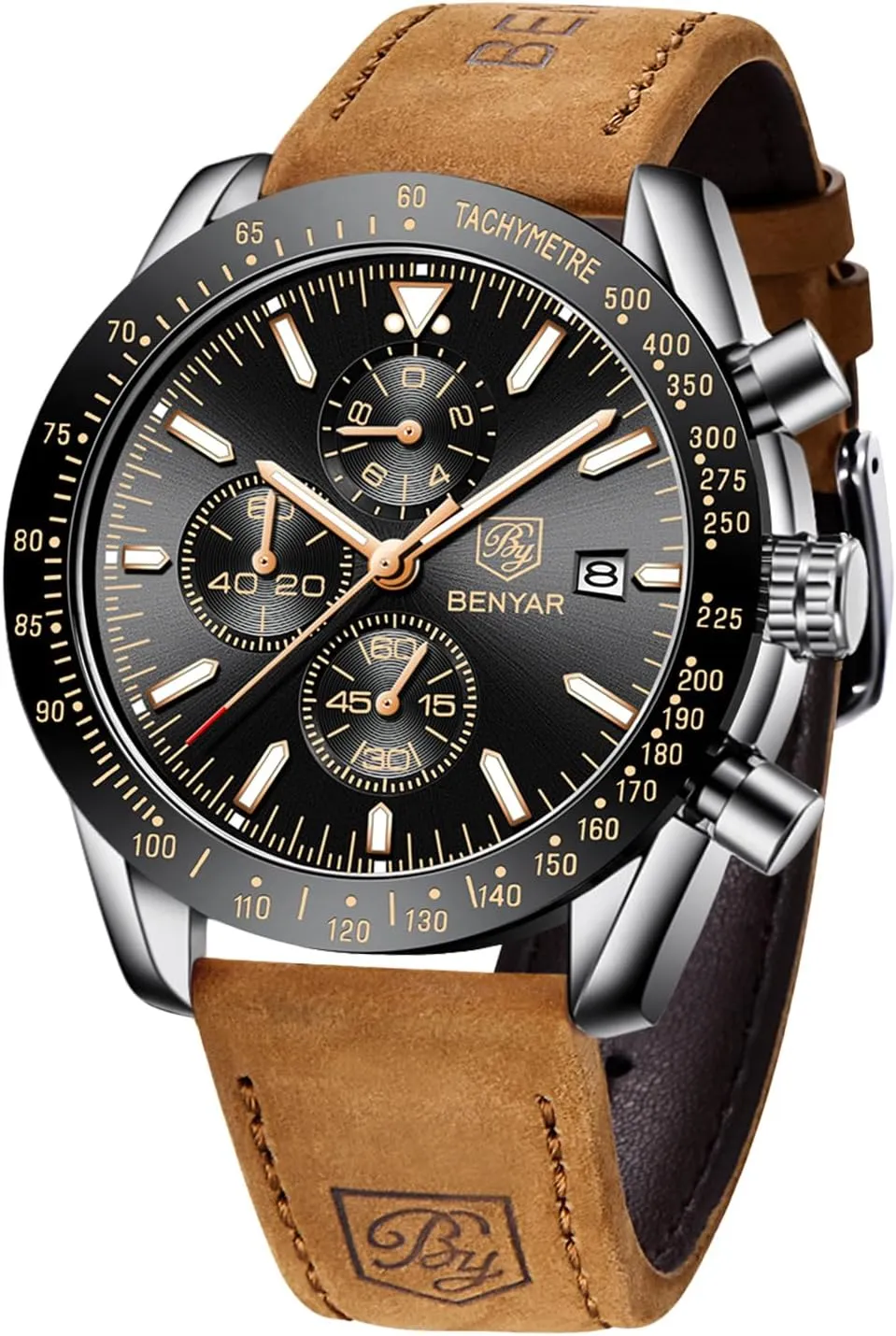 BY BENYAR Watch for Men Analog Quartz Chronograph Waterproof Luminous Designer Mens Wrist Watches Business Work Sport Casual Dress Watch with Silicone Strap Elegant Gifts for Men