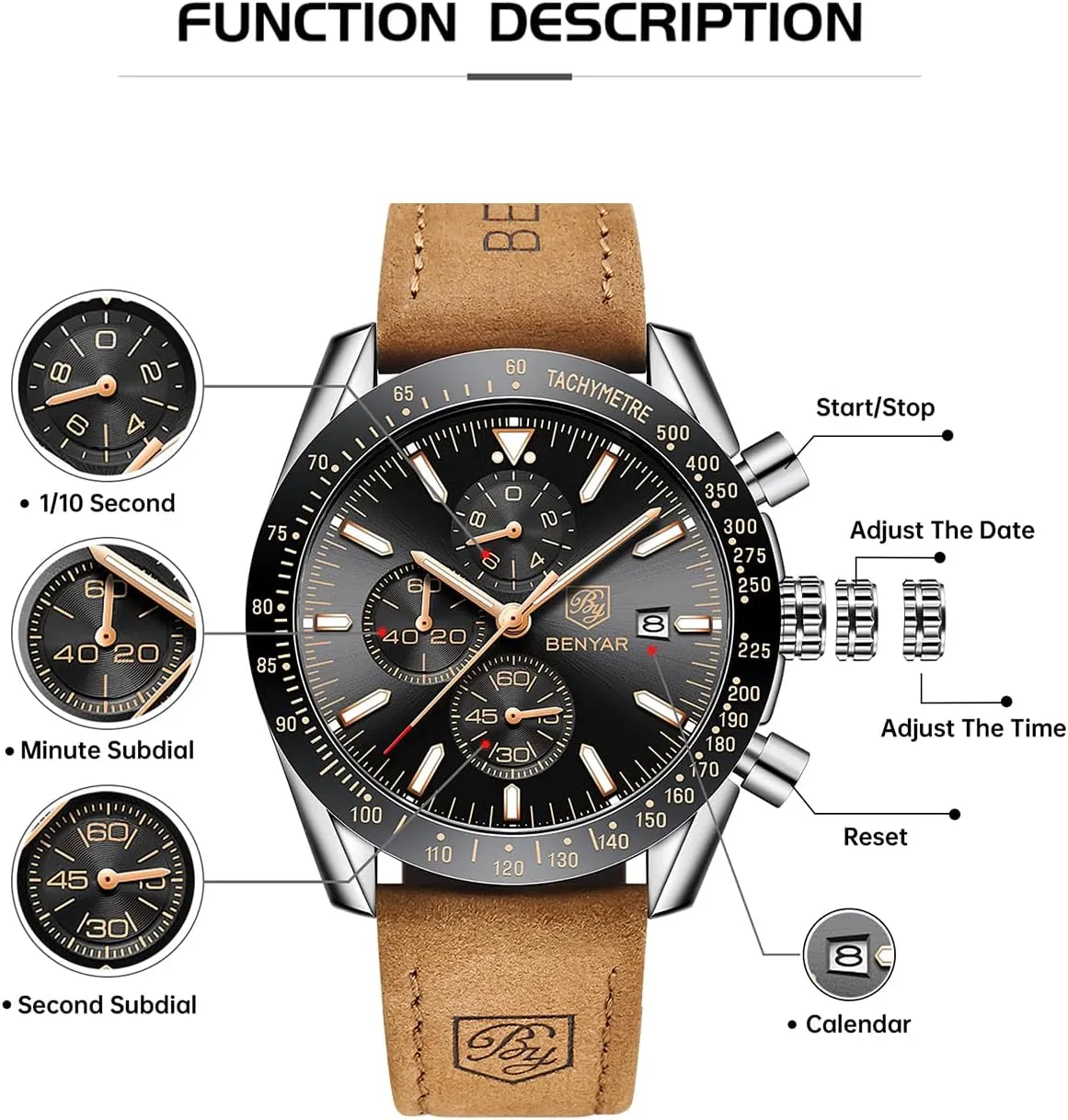 BY BENYAR Watch for Men Analog Quartz Chronograph Waterproof Luminous Designer Mens Wrist Watches Business Work Sport Casual Dress Watch with Silicone Strap Elegant Gifts for Men