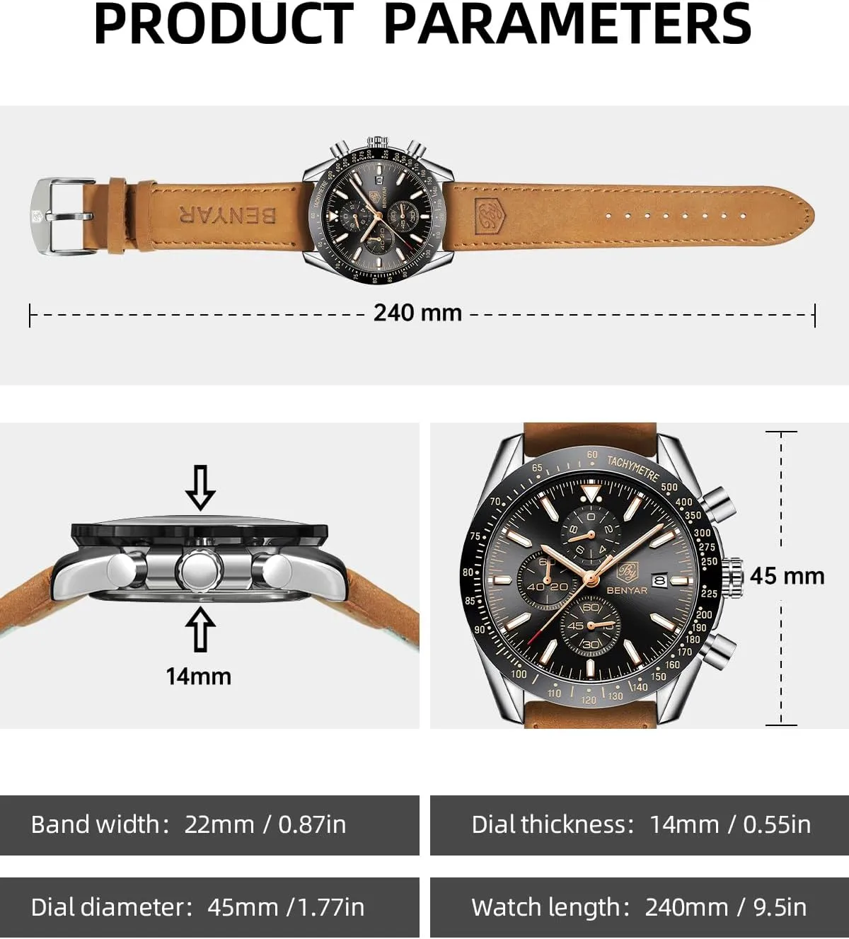 BY BENYAR Watch for Men Analog Quartz Chronograph Waterproof Luminous Designer Mens Wrist Watches Business Work Sport Casual Dress Watch with Silicone Strap Elegant Gifts for Men