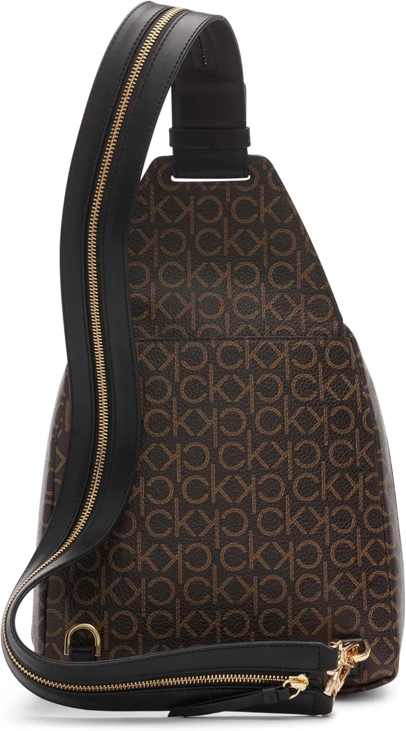 Calvin Klein Women's Millie Backpack for Women – Vegan Leather Monogram Backpack, 2 Pockets, Brown/Khaki/Black, One Size