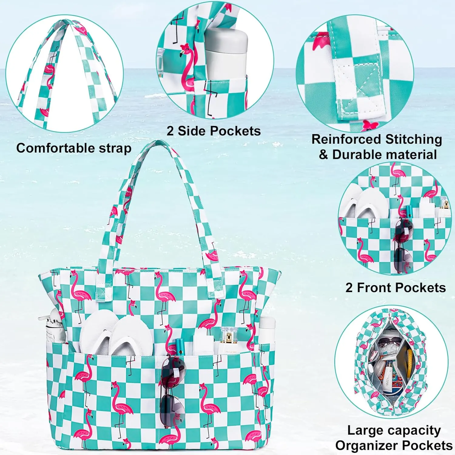 CAMTOP Waterproof Beach Tote Bag for Women Girls with Zipper Foldable Sandproof Pool Swim Bag Travel Carry On Gym