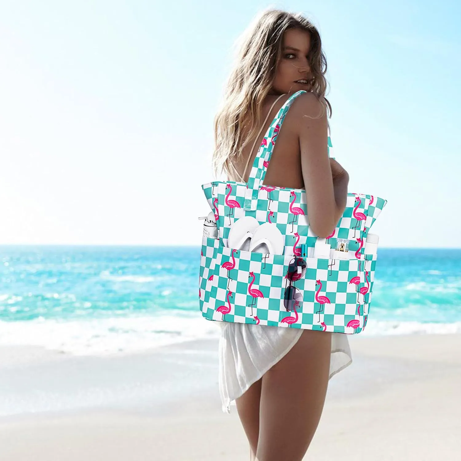 CAMTOP Waterproof Beach Tote Bag for Women Girls with Zipper Foldable Sandproof Pool Swim Bag Travel Carry On Gym
