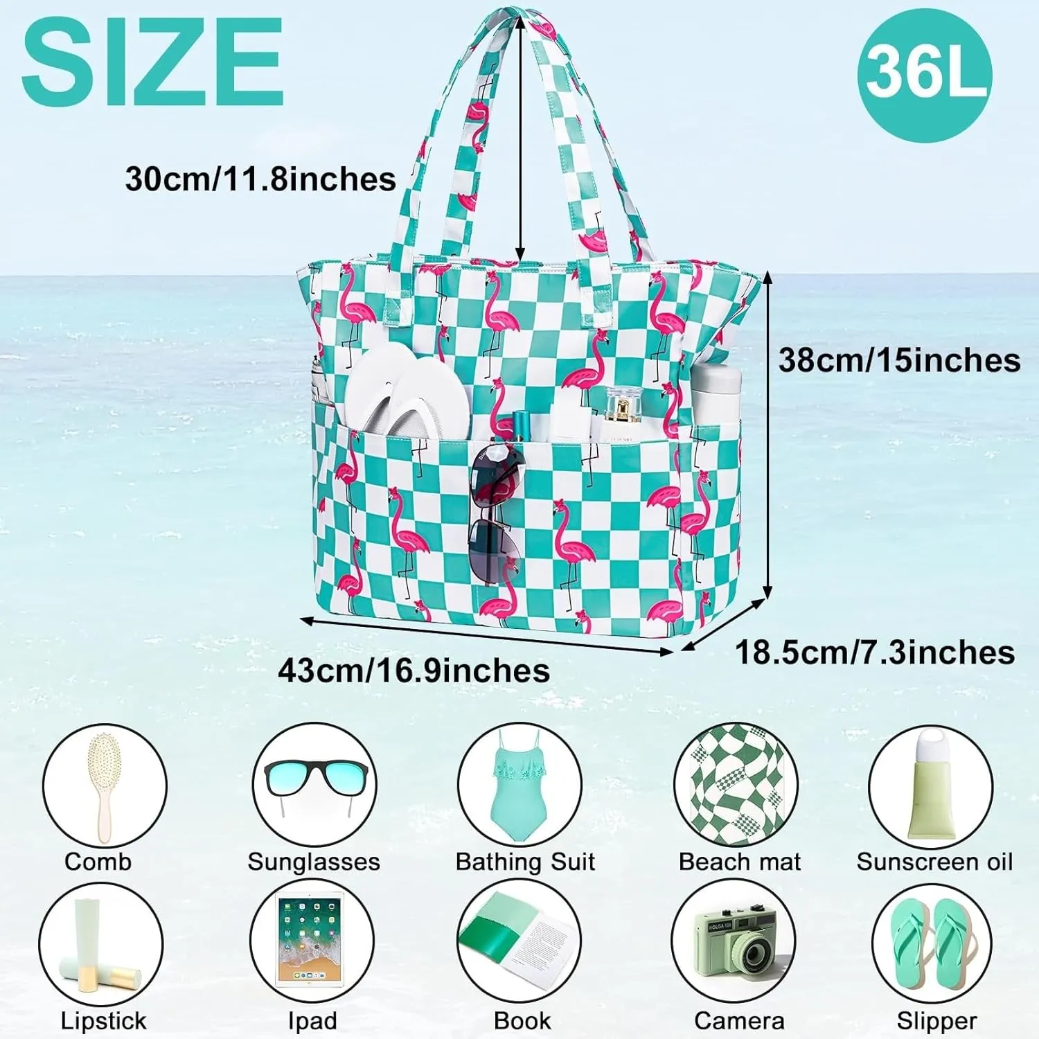 CAMTOP Waterproof Beach Tote Bag for Women Girls with Zipper Foldable Sandproof Pool Swim Bag Travel Carry On Gym