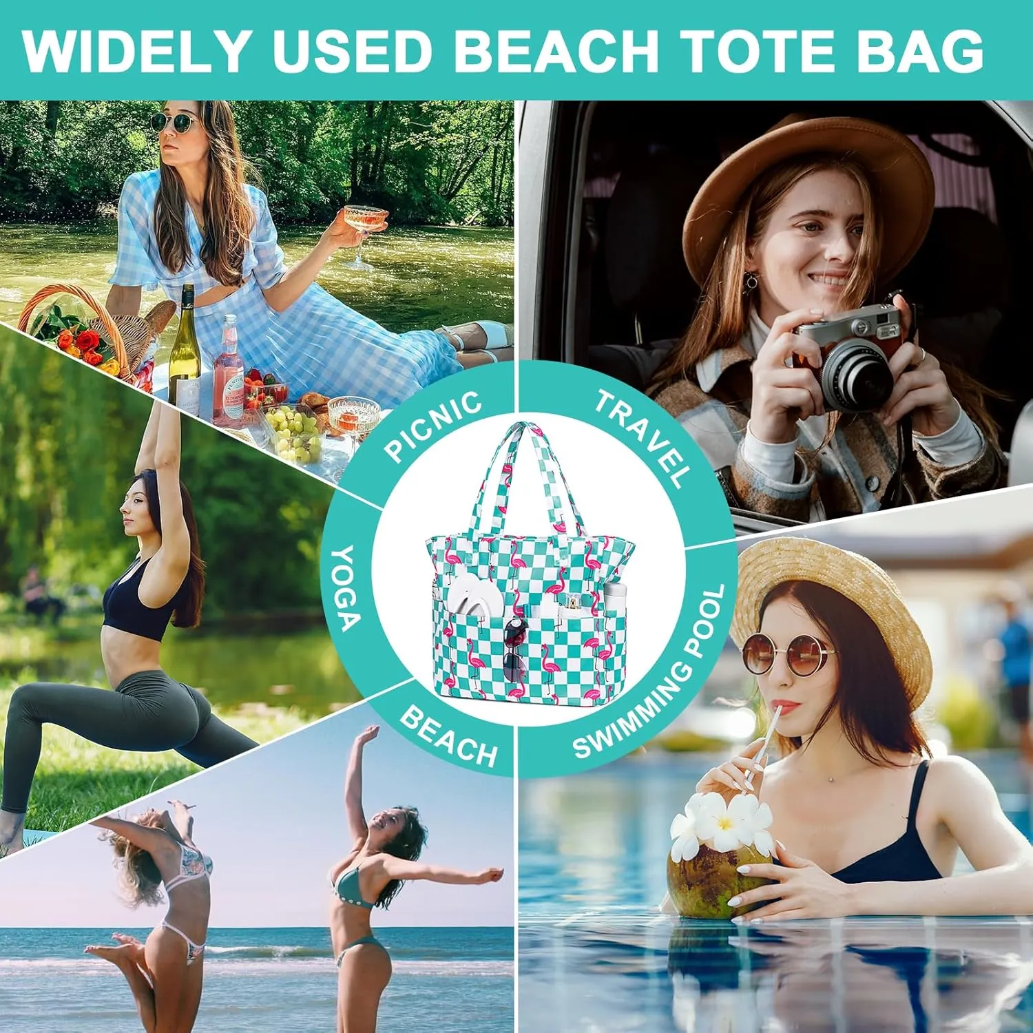 CAMTOP Waterproof Beach Tote Bag for Women Girls with Zipper Foldable Sandproof Pool Swim Bag Travel Carry On Gym