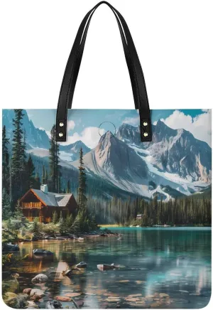 Canada Ohara Lake Yoho National Park Leather Tote Bag for Women Men Shoulder Bag Casual Handbag Work Bag 39x39cm
