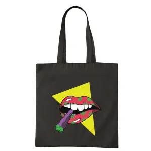 Cannabis Lover Gift Illustration of Smoking Joint Mouth Gift for Cannabis Enthusiasts Navy Black Multicolor Canvas Tote Bag