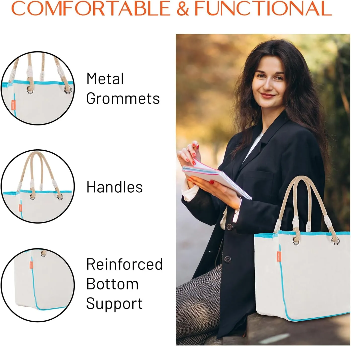 Canvas Rope Handle Tote Bag For Women - Metal Grommets - Perfect For Traveling, Groceries