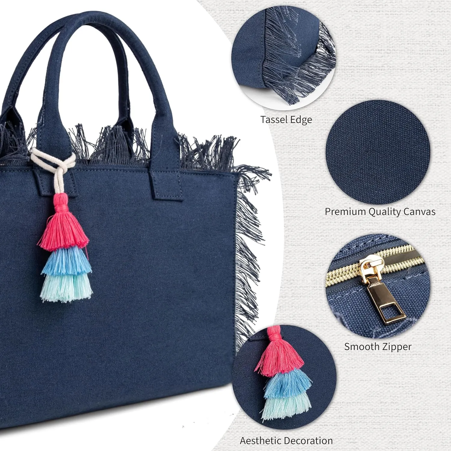 Canvas Tote Bag for Women with Tassel, Shoulder Bag Top Handle handbag with Zipper Closure for Work Travel Beach Gym Shopping