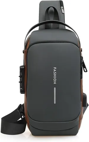 Carbon Fiber Streamline Anti-theft Sling Bag, USB Charging Sport Sling Anti Theft Shoulder Bag, Waterproof Shoulder Backpack (Gray gold)
