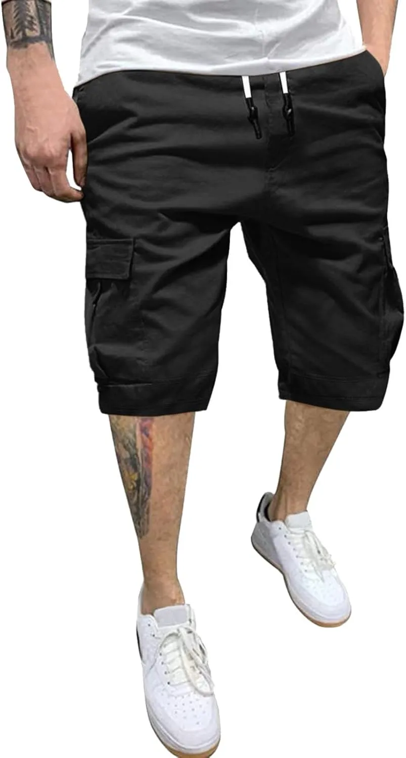 Cargo Shorts for Men Big and Tall Summer Casual Work Shorts Drawstring Elastic Waist Knee Length Bermuda Short 2025