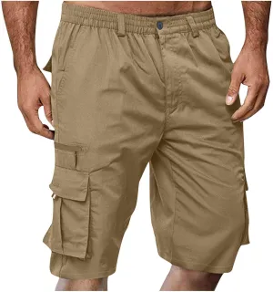 Cargo Shorts for Men Elastic Waist Summer Casual Bermuda Shorts Stretchy Button Fly Work Shorts with Multi Pockets