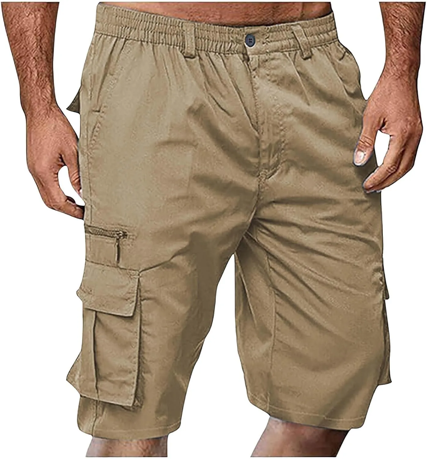 Cargo Shorts for Men Elastic Waist Summer Casual Bermuda Shorts Stretchy Button Fly Work Shorts with Multi Pockets