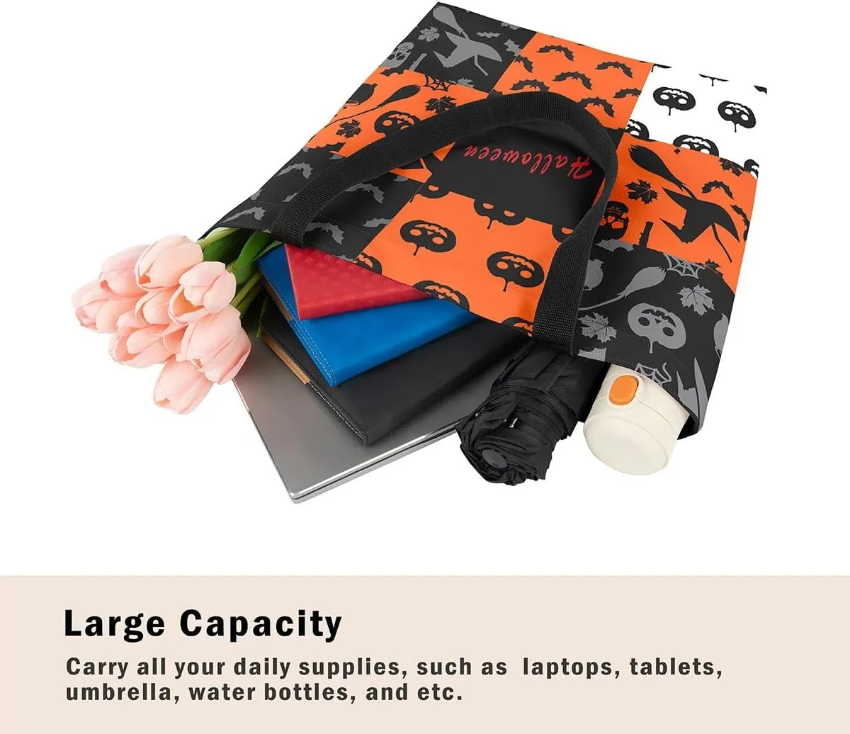 Cartoon Ghost Canvas Tote Bag for Women,Halloween Pumpkin Decorations Gothic Large Capacity Gym Bag