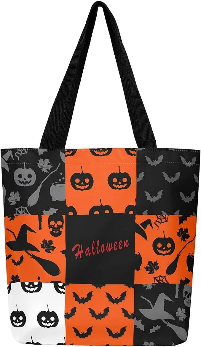 Cartoon Ghost Canvas Tote Bag for Women,Halloween Pumpkin Decorations Gothic Large Capacity Gym Bag