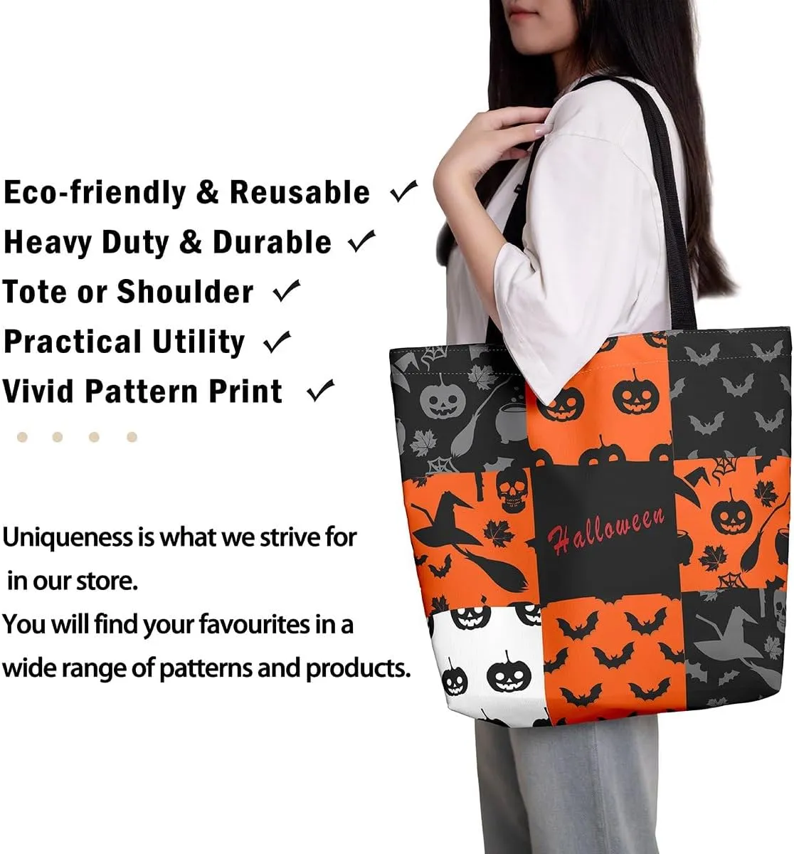 Cartoon Ghost Canvas Tote Bag for Women,Halloween Pumpkin Decorations Gothic Large Capacity Gym Bag