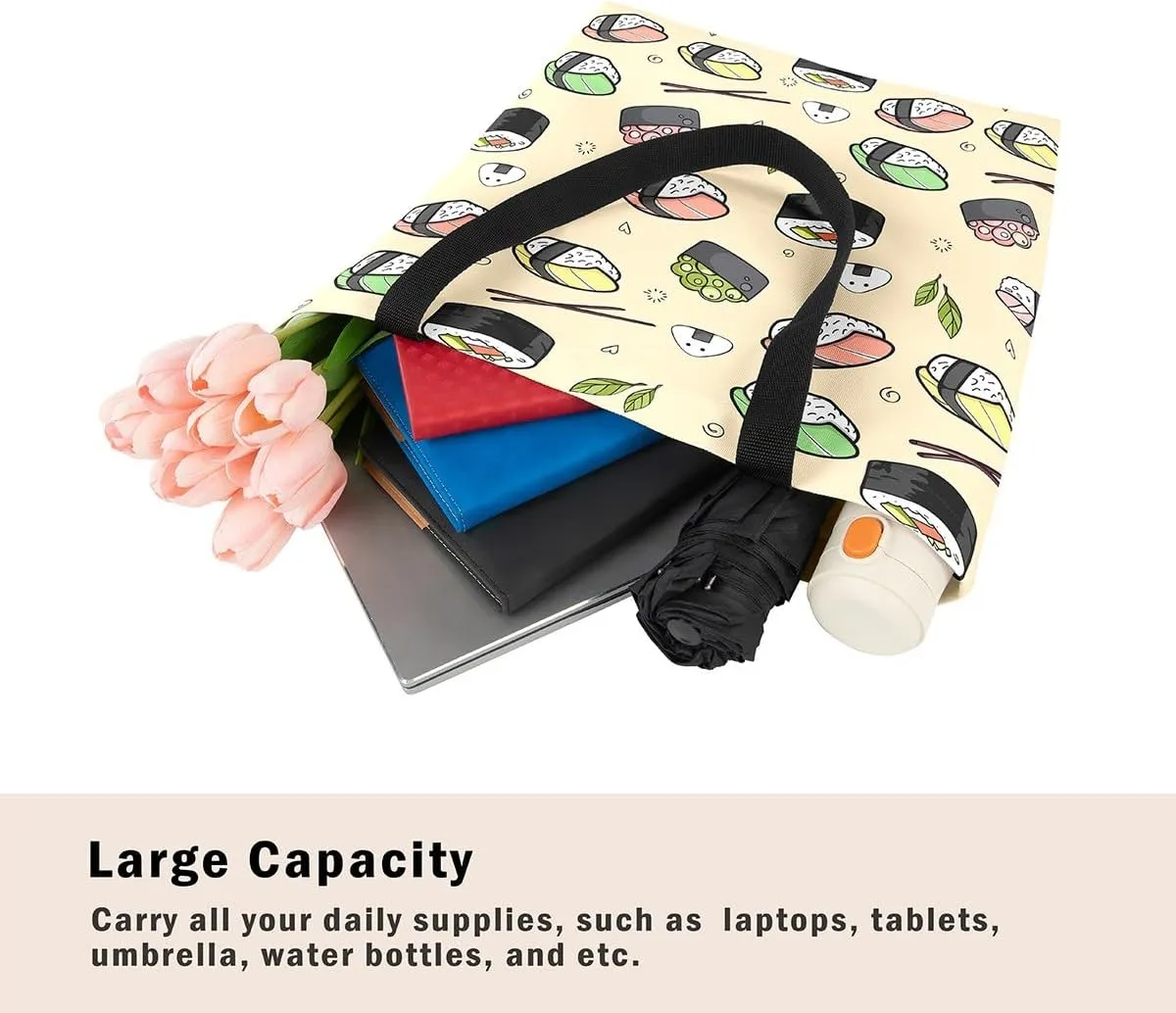 Cartoon Milk Cow Canvas Tote Bag Lovely Farm Animal Kawaii Beach Bag,Strawberry Flowers Handbag for Women