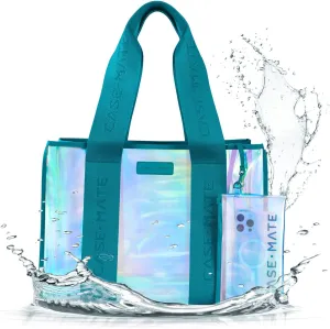 Case-Mate Emerald Blue Beach Tote - Iridescent Beach Bag with Phone Pouch for Women - Waterproof, Tip-Proof, Foldable & Washable - Tote Bag for Pool, Travel and Vacation - Large