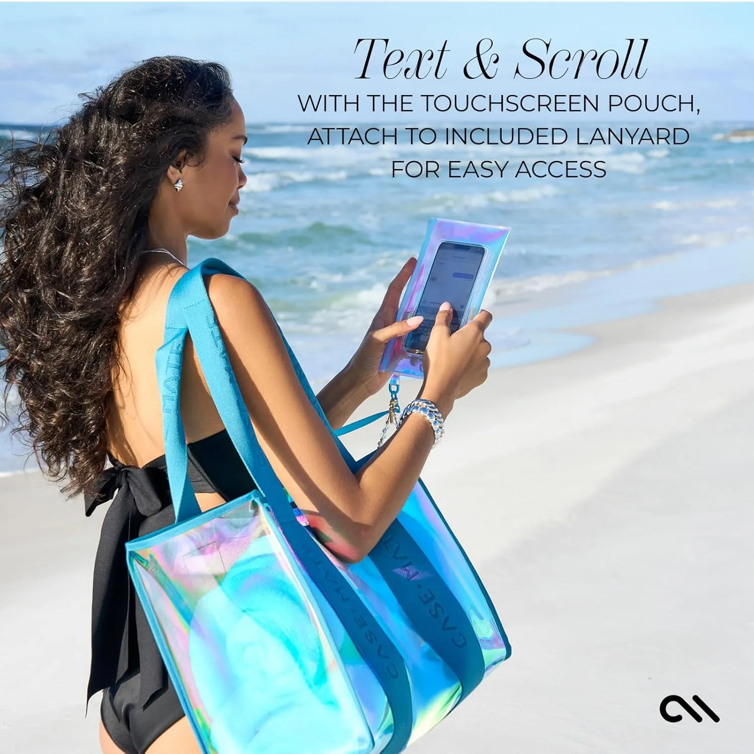 Case-Mate Emerald Blue Beach Tote - Iridescent Beach Bag with Phone Pouch for Women - Waterproof, Tip-Proof, Foldable & Washable - Tote Bag for Pool, Travel and Vacation - Large