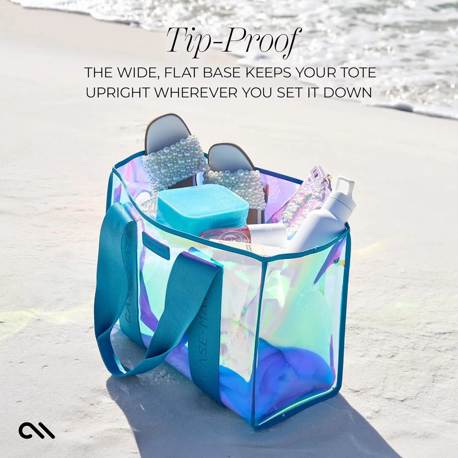 Case-Mate Emerald Blue Beach Tote - Iridescent Beach Bag with Phone Pouch for Women - Waterproof, Tip-Proof, Foldable & Washable - Tote Bag for Pool, Travel and Vacation - Large