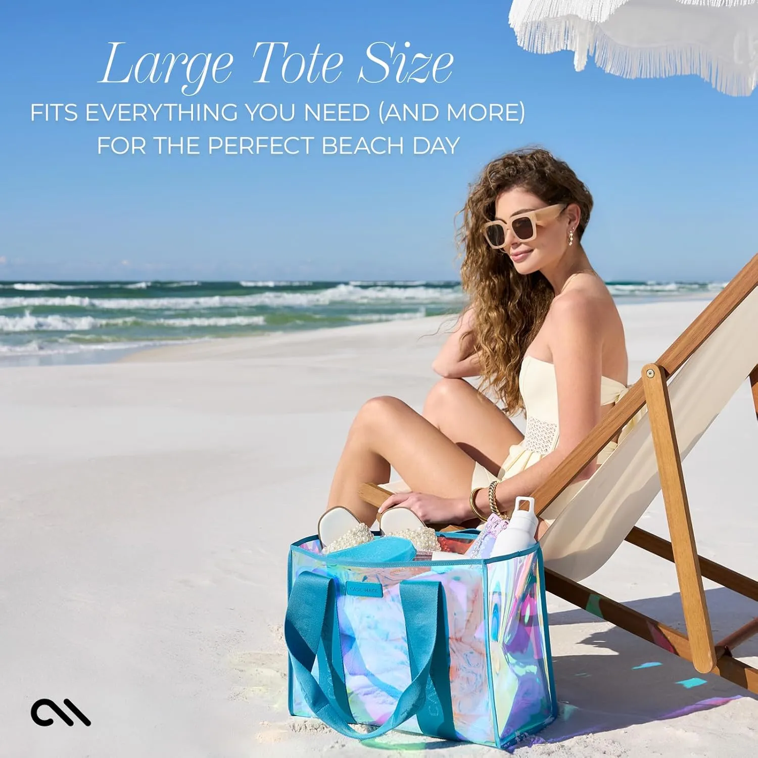 Case-Mate Emerald Blue Beach Tote - Iridescent Beach Bag with Phone Pouch for Women - Waterproof, Tip-Proof, Foldable & Washable - Tote Bag for Pool, Travel and Vacation - Large