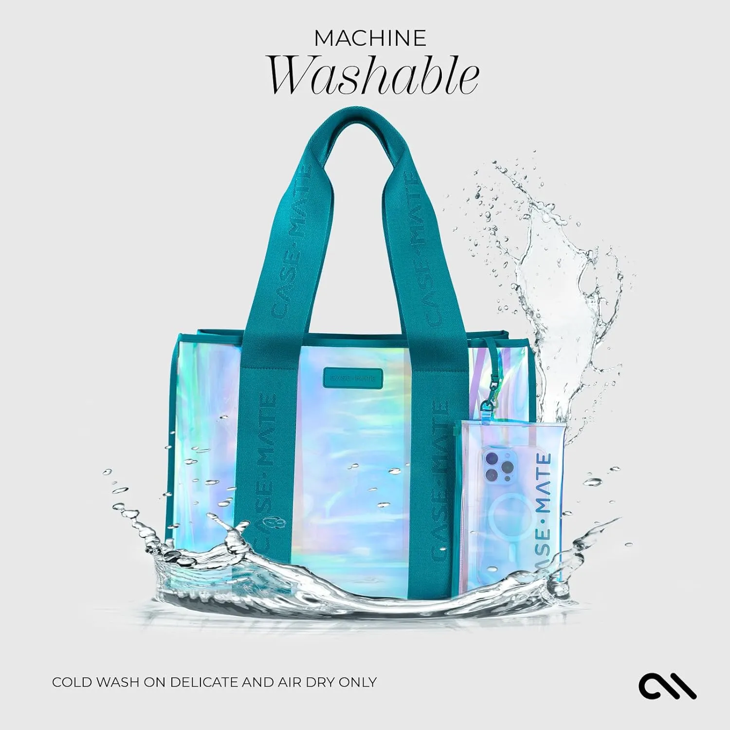 Case-Mate Emerald Blue Beach Tote - Iridescent Beach Bag with Phone Pouch for Women - Waterproof, Tip-Proof, Foldable & Washable - Tote Bag for Pool, Travel and Vacation - Large