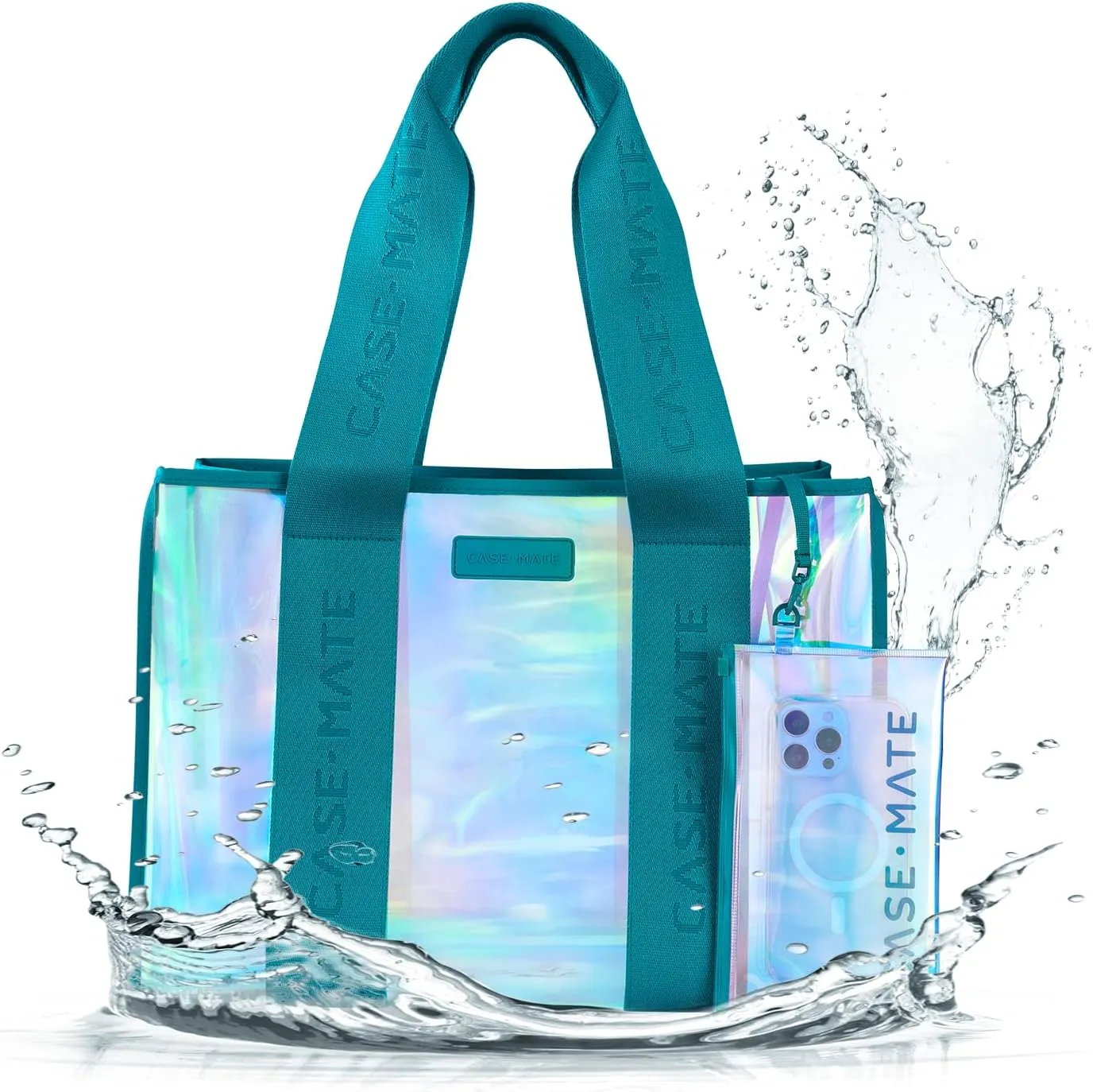 Case-Mate Emerald Blue Beach Tote - Iridescent Beach Bag with Phone Pouch for Women - Waterproof, Tip-Proof, Foldable & Washable - Tote Bag for Pool, Travel and Vacation - Large