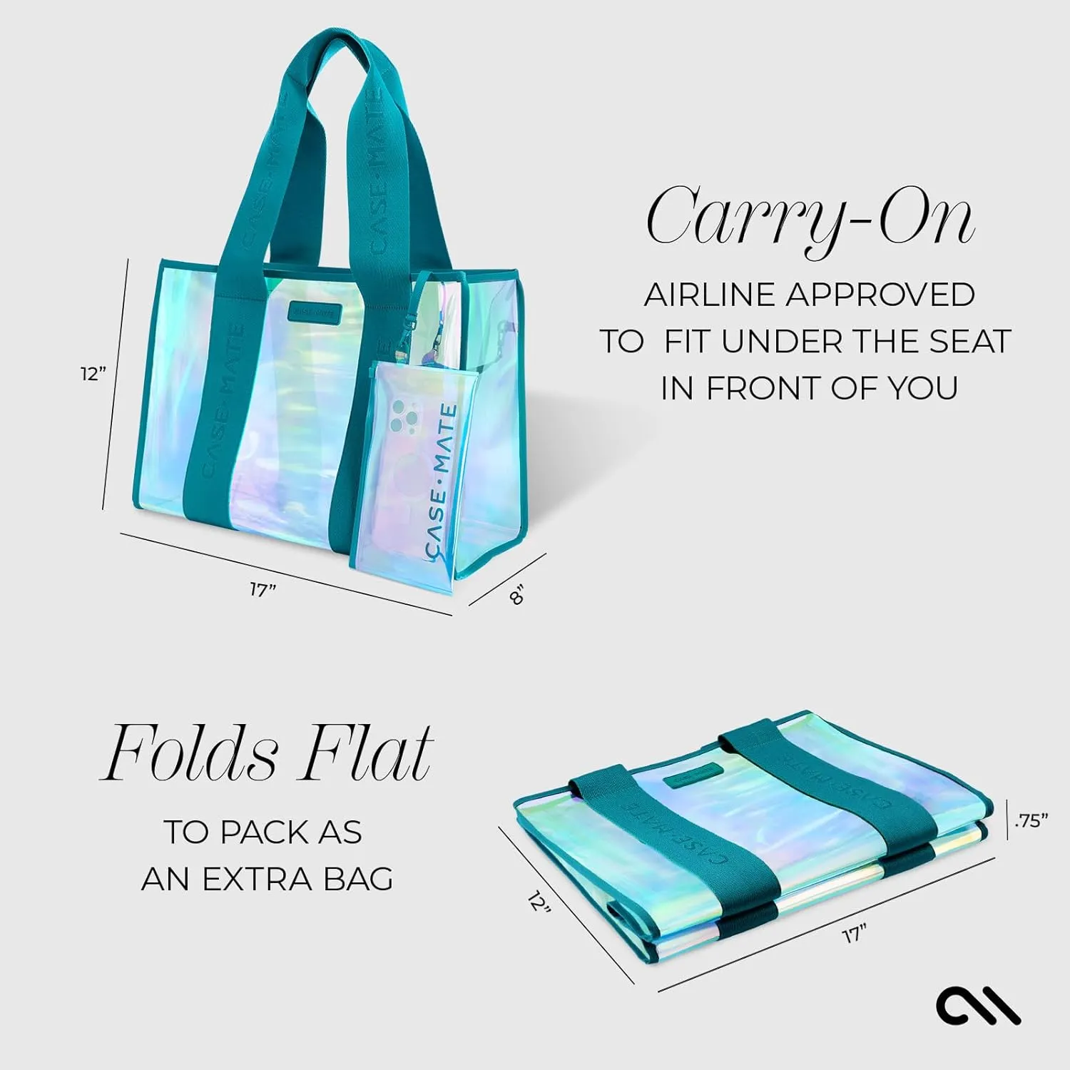 Case-Mate Emerald Blue Beach Tote - Iridescent Beach Bag with Phone Pouch for Women - Waterproof, Tip-Proof, Foldable & Washable - Tote Bag for Pool, Travel and Vacation - Large