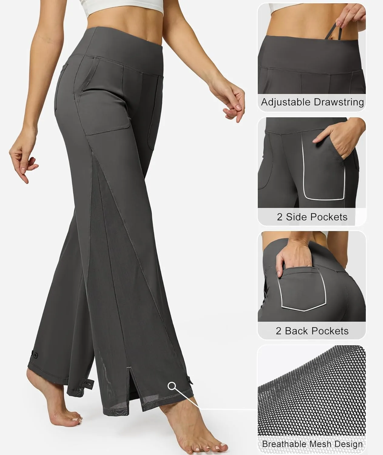 Casei Wide Leg Yoga Pants for Women Adjustable Hem High Waist Loose Casual Pants with Pockets