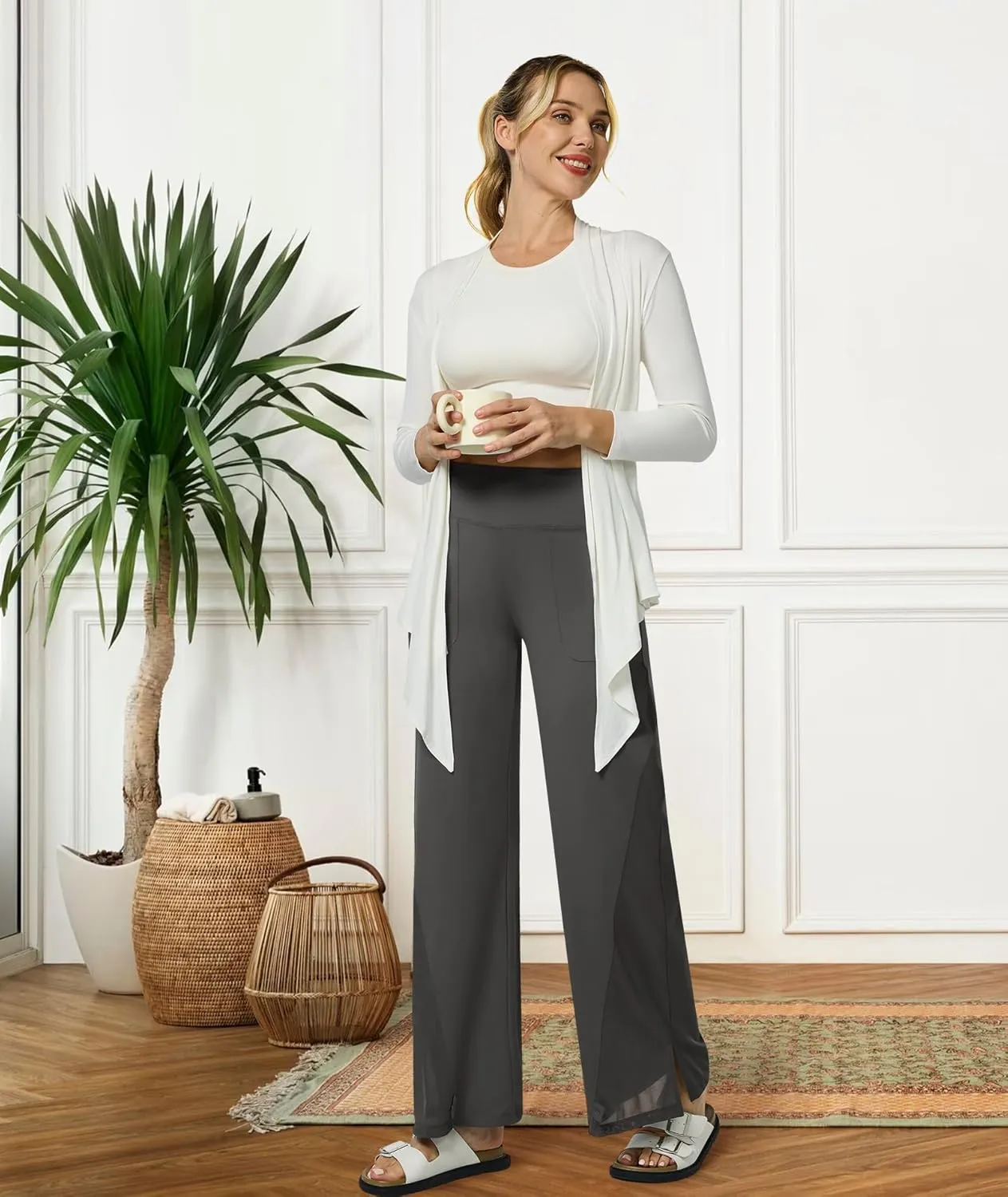 Casei Wide Leg Yoga Pants for Women Adjustable Hem High Waist Loose Casual Pants with Pockets