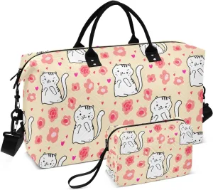 Cat Flower Hearts Beige Sports Gym Bag for Women Men Travel Duffel Bag Weekend Overnight Carry on Bag with Toiletry Bag Training Handbag for Plane Hospital Workout Swimming Yoga